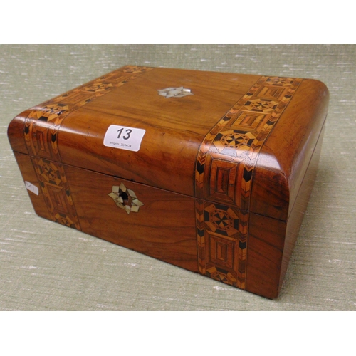 13 - Victorian parquetry inlaid trinket box, having lift up lid and mother of pearl decoration, 6 x 12 x ... 