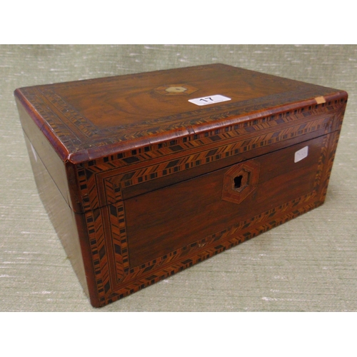 17 - Victorian parquetry inlaid walnut sewing box, having lift up lid and fitted interior. 5.5 x 11.5 x 8... 