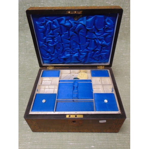 17 - Victorian parquetry inlaid walnut sewing box, having lift up lid and fitted interior. 5.5 x 11.5 x 8... 