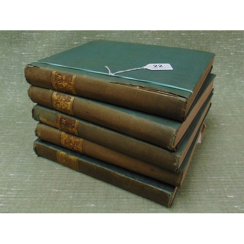 22 - Five antique volumes, Punch, 1845, 1848, 1856, 57 & 58.