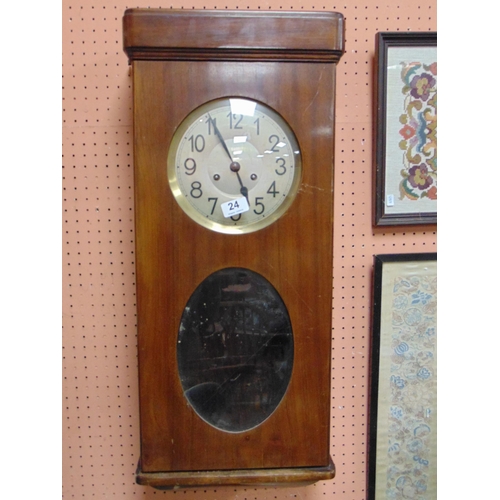 24 - Mahogany cased wall clock, having silvered dial, 30 x 12