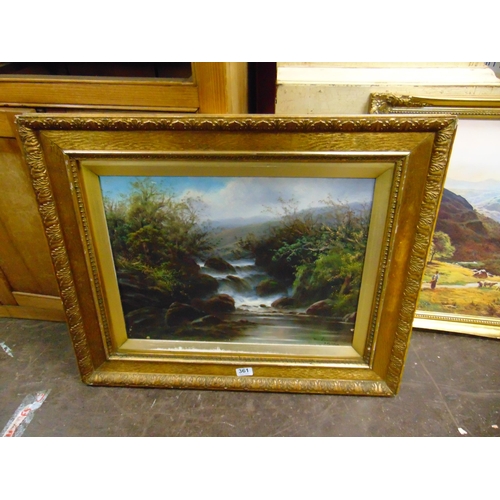 361 - J.Fairfax, gilt framed oil painting, waterfall, together with a print. (2)