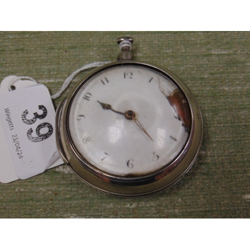 39 - Silver pair cased pocket watch, movement by John Winstanley, Hollywell, case by Edward Leeming, Lond... 