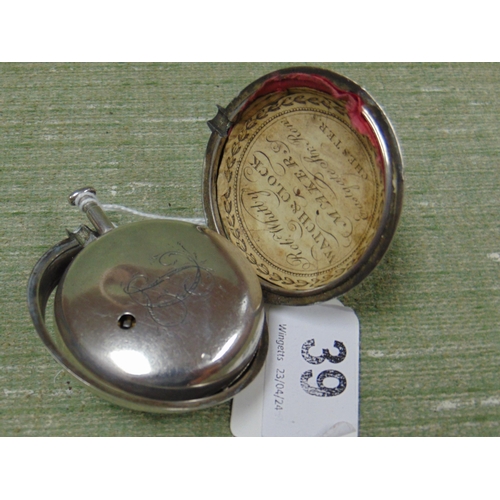 39 - Silver pair cased pocket watch, movement by John Winstanley, Hollywell, case by Edward Leeming, Lond... 