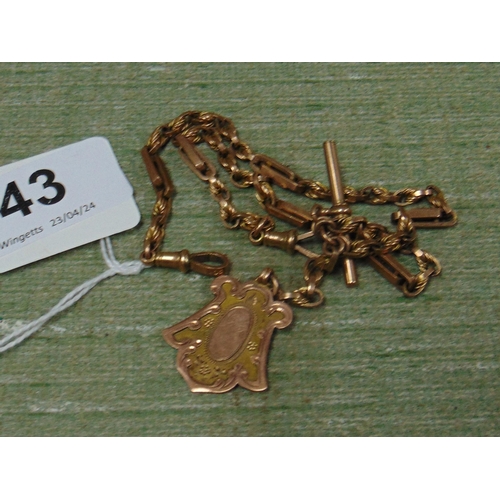 43 - 9ct gold watch chain with T bar and pendant. 18.3 gms.