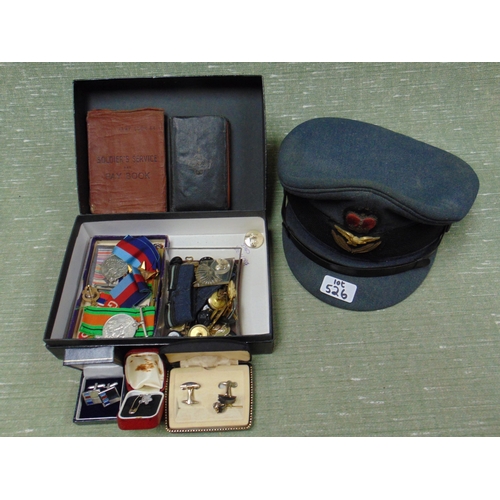 526 - Military peaked cap, trinkets, etc.