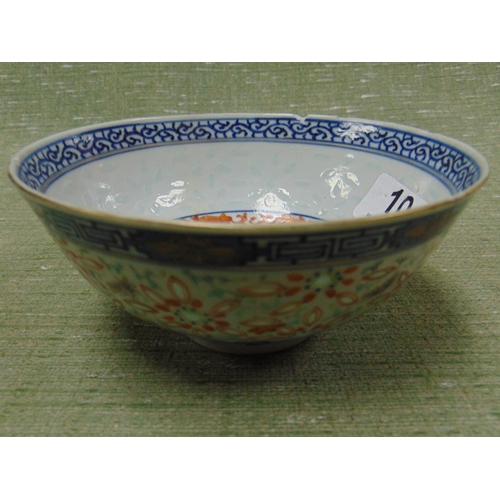 10 - Antique rice bowl, having traditional decoration and six character marks to base, slightly chipped/c... 