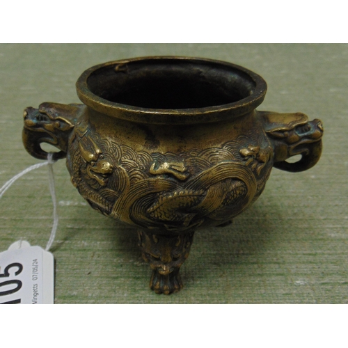 105 - Oriental incense burner, having dragon head form handles, 3