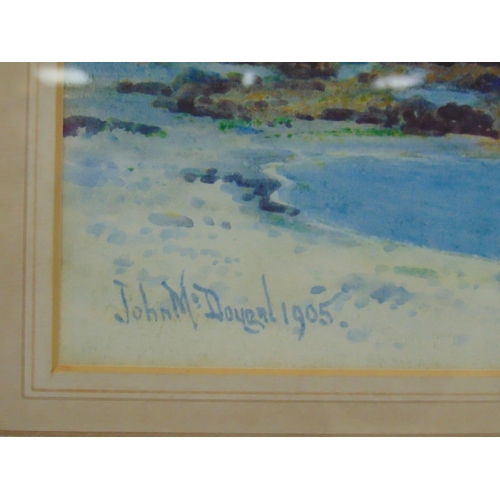 195 - John McDougal 1905, framed and glazed watercolour, shore scene with sailing vessels beyond, signed l... 