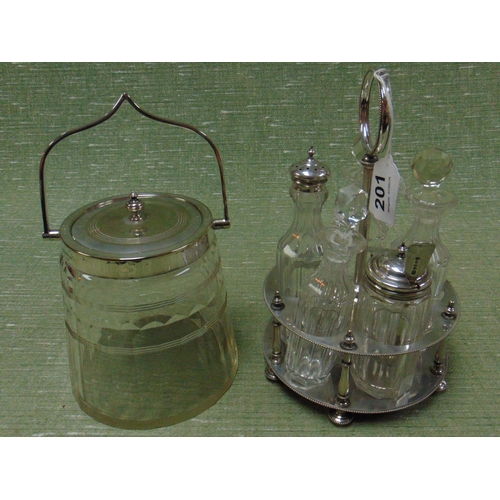 201 - Five bottle cruet, set on plated stand, together with a plated mounted biscuit barrel.