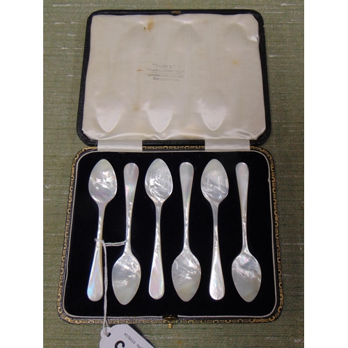 205 - Cased set of six mother of pearl spoons.