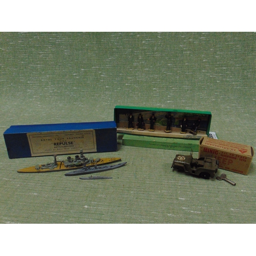 209 - Boxed Minic No.1 Jeep, boxed set of Meccano station staff figures and two model battle ships.