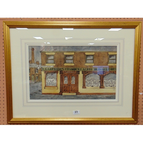 23 - Framed and  glazed watercolour, depicting a pub , Lower Cromwell Street, indistinctly signed lower r... 