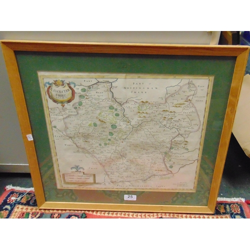 25 - Robert Morden, antique framed and glazed hand coloured map of Leicestershire. 14 x 16.5