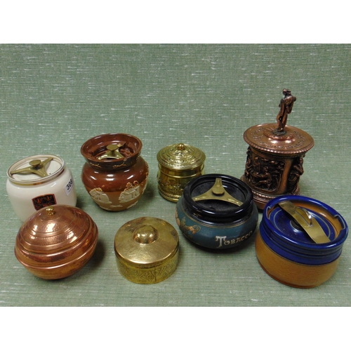 308 - Collection of pottery / brass / copper tobacco jars.