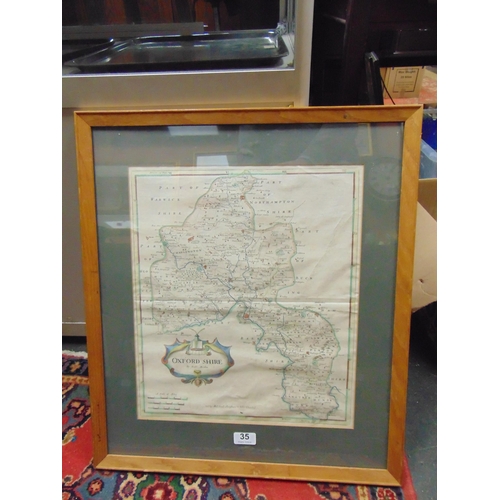 35 - Robert Morden, antique framed and glazed hand coloured map of Oxfordshire.16 x 14