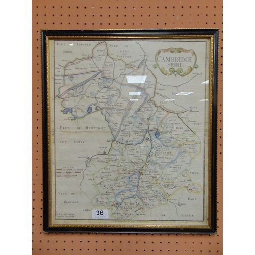 36 - Antique framed and glazed hand coloured map of Cambridgeshire. 16 x 13.5