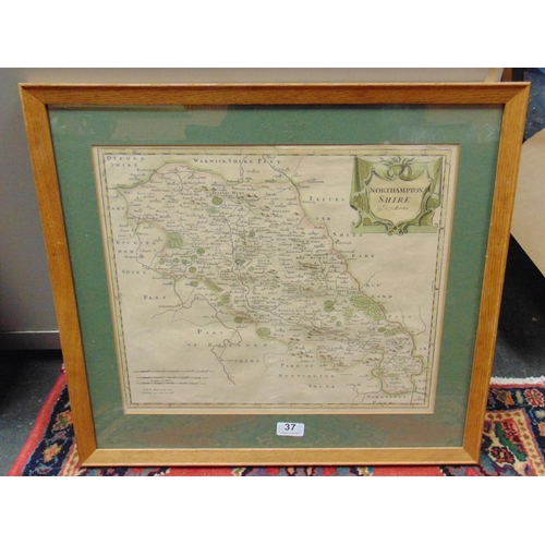 37 - Robert Morden, antique framed and glazed map of Northamptonshire. 14 x 16