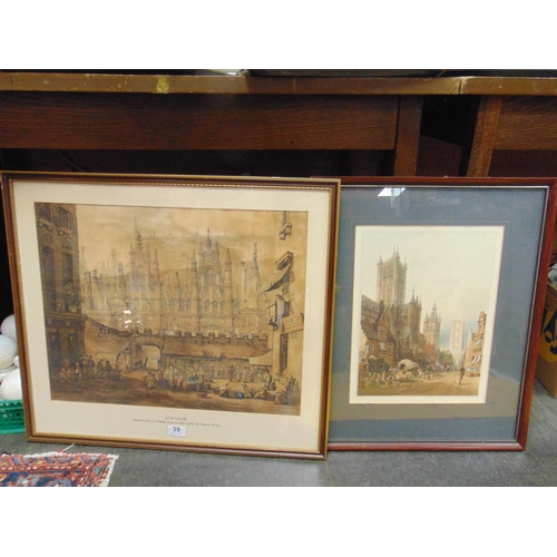 39 - After Samuel Prout, framed and glazed aquatint - Louvain and one other picture.