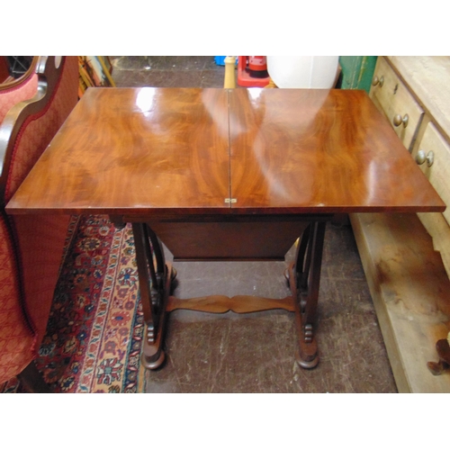 394 - Antique mahogany work table, fold over top, revealing a polished interior, pull out compartment, lyr... 