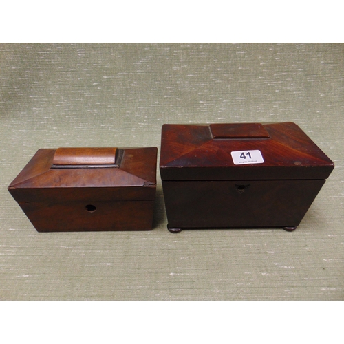 41 - Antique mahogany sarcophagus form tea caddy, having lift up lid, fitted interior and on bun feet. m6... 