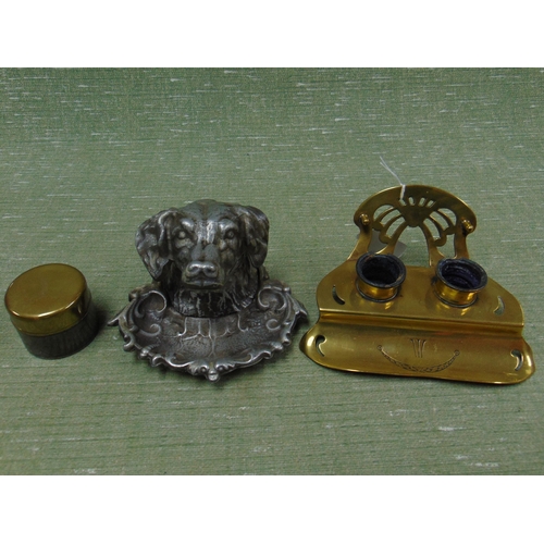 42 - Novelty dog head form inkwell, together with a brass Art Nouveau ink stand, and a traveling inkwell.... 