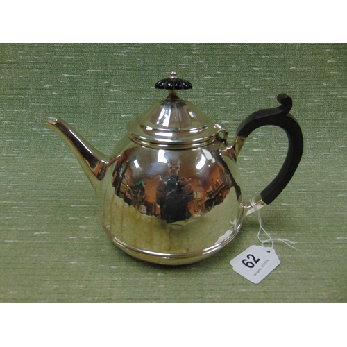 62 - Silver teapot, having ebony handle and finial, maker Baker Bros, Birmingham 1933, 11.4 ozt inc.