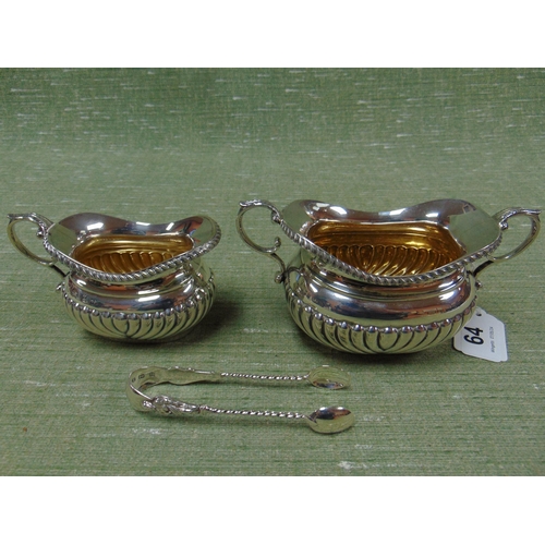 64 - Silver milk jug and matching sugar bowl, having gadrooned decoration and gilt interior, maker A.J Zi... 