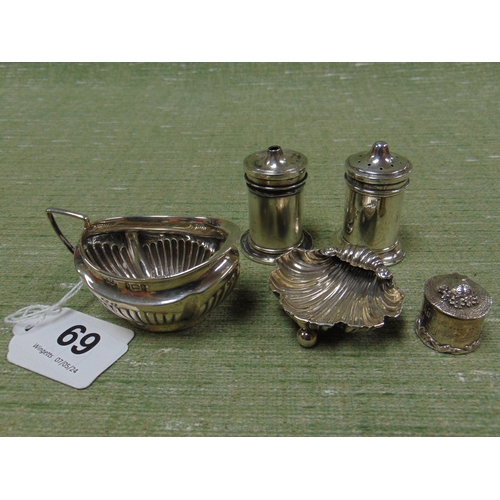 69 - Silver shell form salt, pair of silver salt and pepper pots, silver oval mustard pot and a plated pi... 