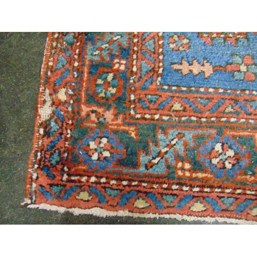 14 - Persian blue and red ground rug, having geometric pattern, 60 x 37