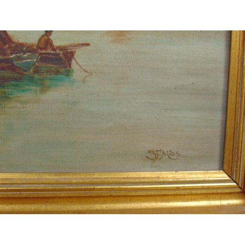 131 - Monogrammed  SFM, gilt framed oil painting on canvas, harbour scene. 11 x 17