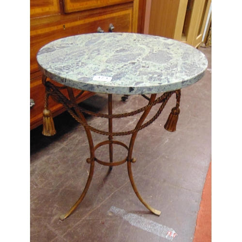 373 - Reproduction faux marble topped occasional table, set on shaped gilt metal base. 18