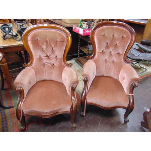 327 - 19th century mahogany framed ladies chair, button back, all over upholstery and on frontal cabriole ... 