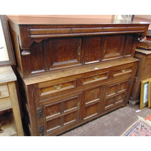 367 - Welsh antique oak cwpwrdd deuddarn, rectangular top, having pair of doors, above three short drawers... 