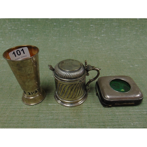 101 - Silver 925 marked beaker, having gilt interior, together with a silver watch case and a large plated... 