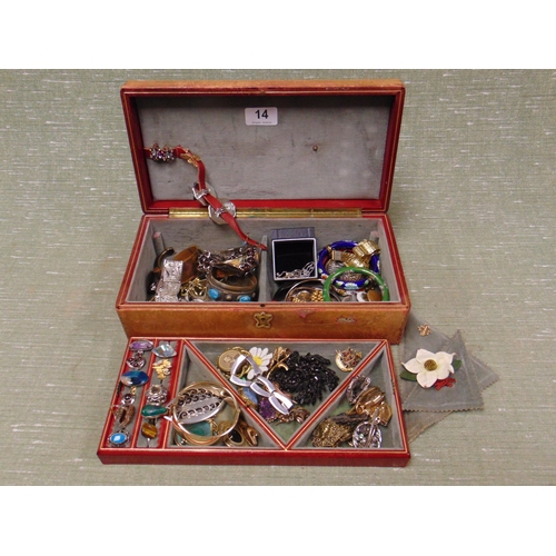 14 - Case containing an interesting collection of jewellery, trinkets, watches.