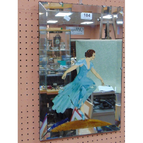 184 - Art Deco frameless bevel edged wall mirror, hand painted with dancing lady. 18 x 12