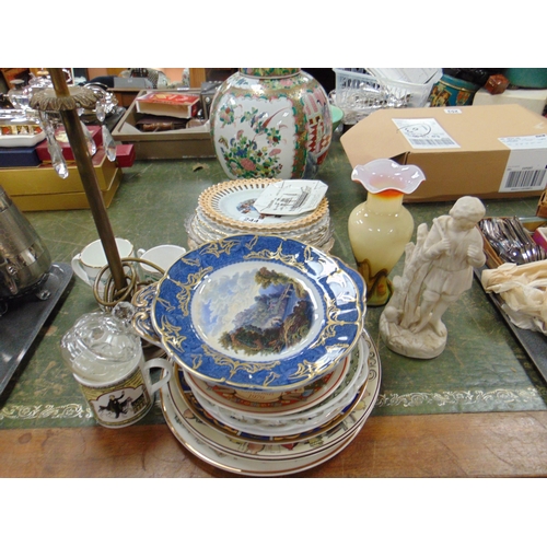 244 - Mixed china, to include Llangollen ribbon plates, lamp, Parian figure, etc.