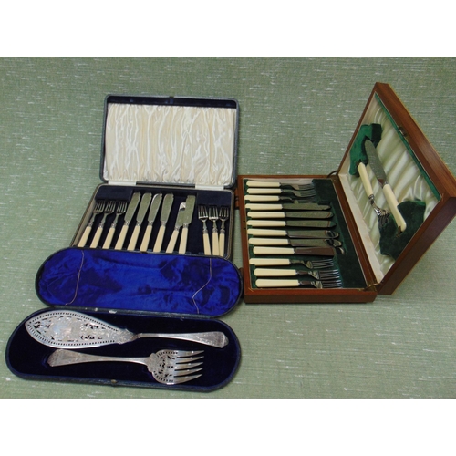 249 - Cased set of silver bezzeled fish knives and forks, plated canteen of cutlery and a cased pair of pl... 