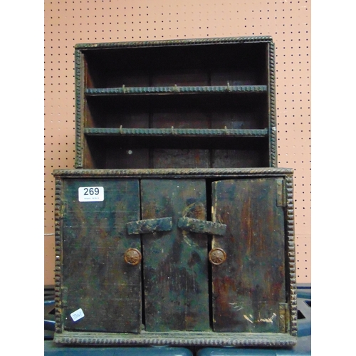 269 - Stained wooden miniature dresser, plate rack back over a pair of doors,  19 x 14 x 9