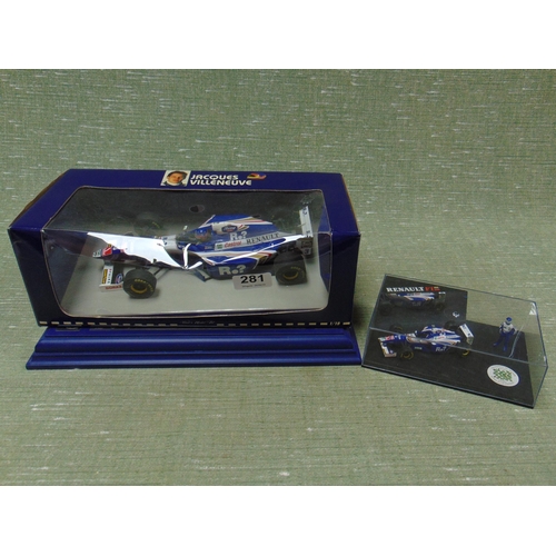 281 - Boxed Jacques Villeneuve Williams Renault model racing car and a smaller example.