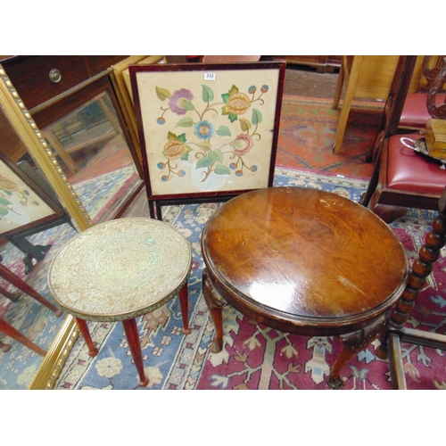 332 - Framed and glazed needlework fire screen, centre table and one other.