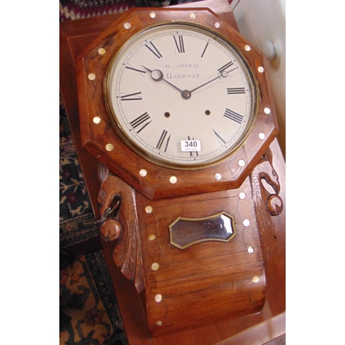 340 - Antique rosewood cased mother of pearl inlaid drop dial clock, G.Owen Llanrwst. 25 x 16