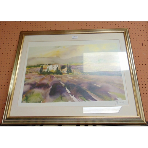 351 - Framed and glazed colour print, Continental farm house scene, indistinctly signed to mount. 14 x 23