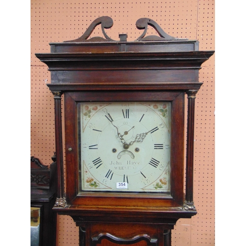 354 - An antique oak longcase clock, John Hayes Wrexham, enamel face and Roman numerals, 82