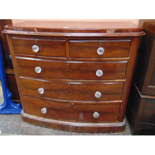 355 - Victorian mahogany bow fronted chest of two short and three long drawers with glass handles, and on ... 