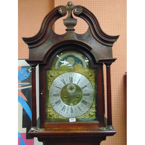 365 - Antique oak longcase clock, segmented scroll pediment, above brass and silvered dial having moon fac... 