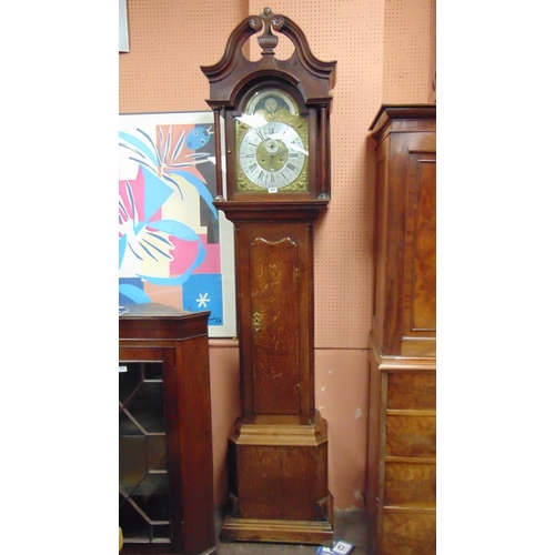 365 - Antique oak longcase clock, segmented scroll pediment, above brass and silvered dial having moon fac... 