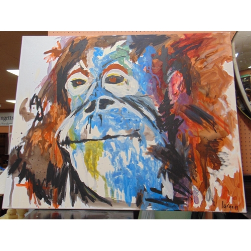 373 - Largey, unframed oil on canvas,  orangutan, signed lower right, 32 x 40