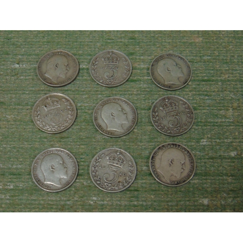 54 - Set of nine Edward VII silver threepences 1902-1910.